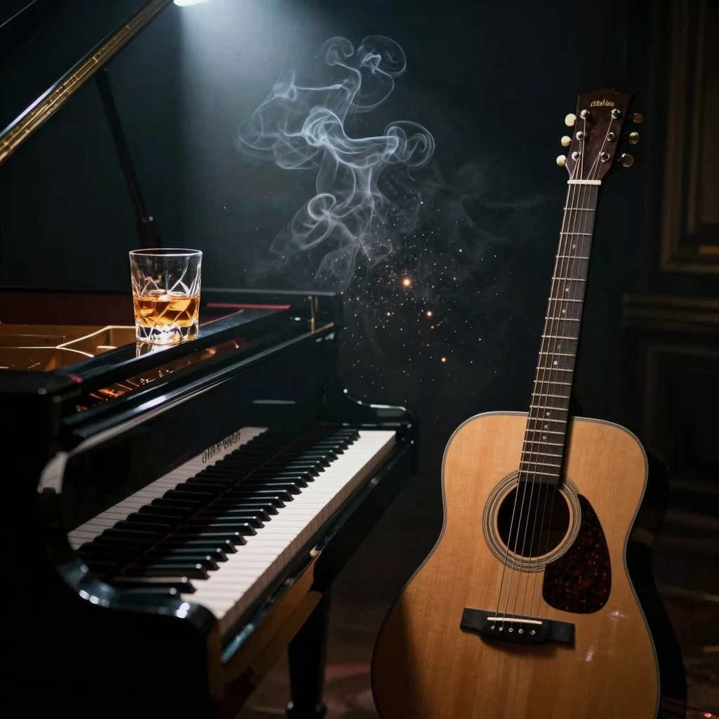 A cinematic shot of a grand piano and an acoustic guitar in ...