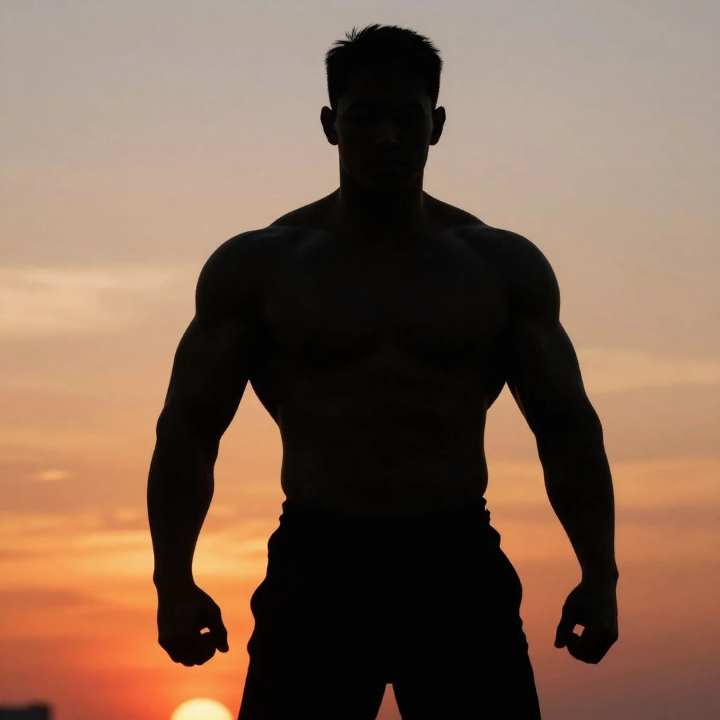 A stylized silhouette of a muscular man standing confidently...