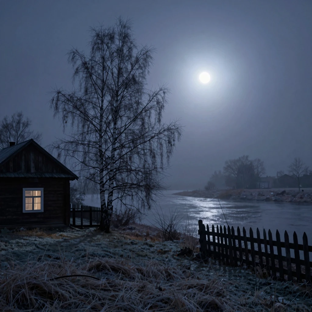 A melancholic winter night with a small wooden house with a ...