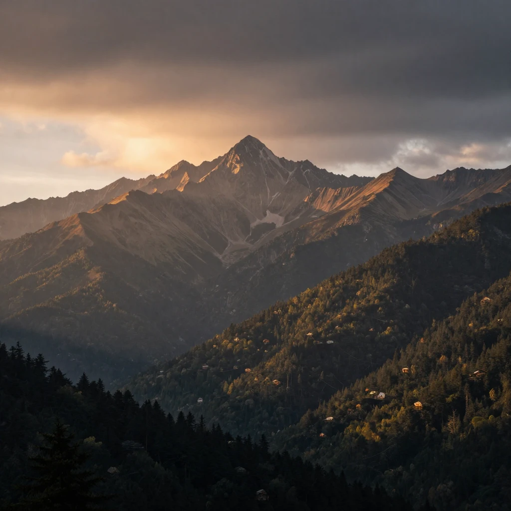 A majestic mountain range at sunrise, with a vast forest bel...
