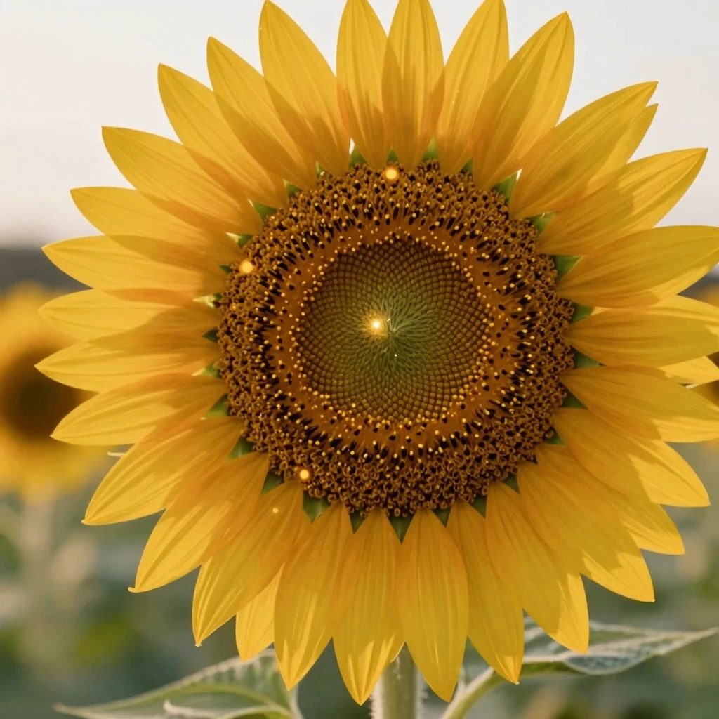 A close-up of a sunflower with a glowing orb center like a m...