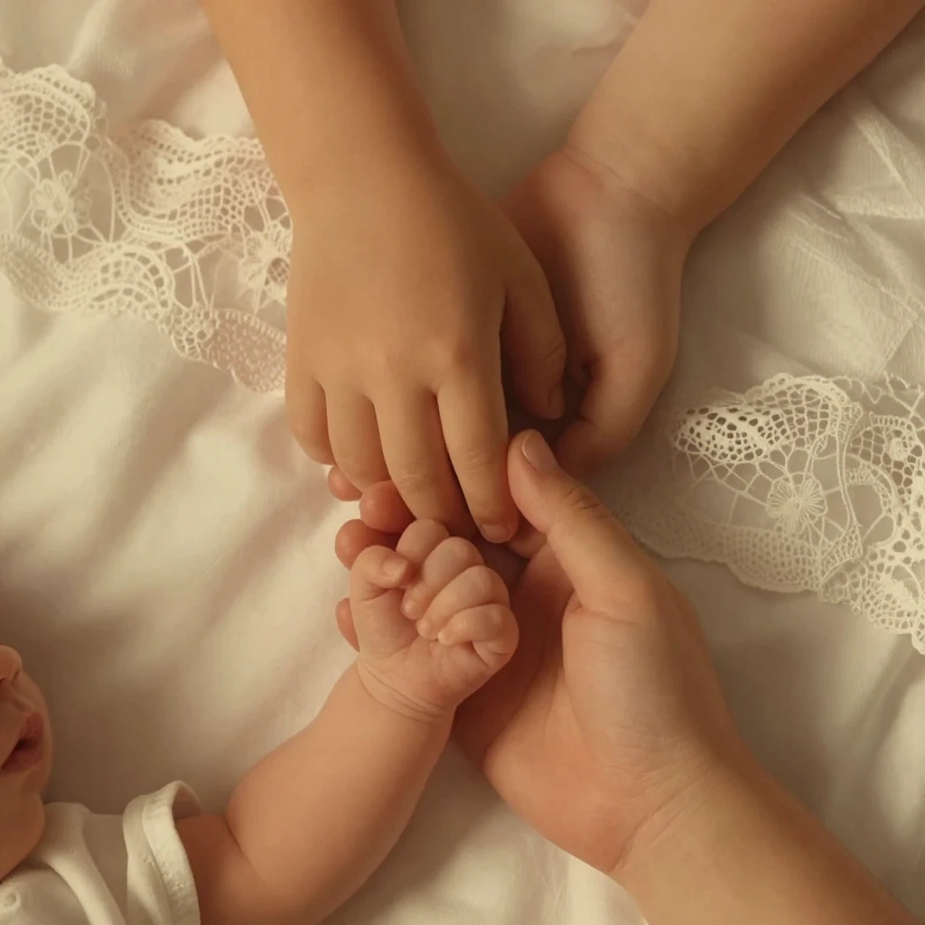 Artistic illustration of two brothers' hands, toddler's hand...