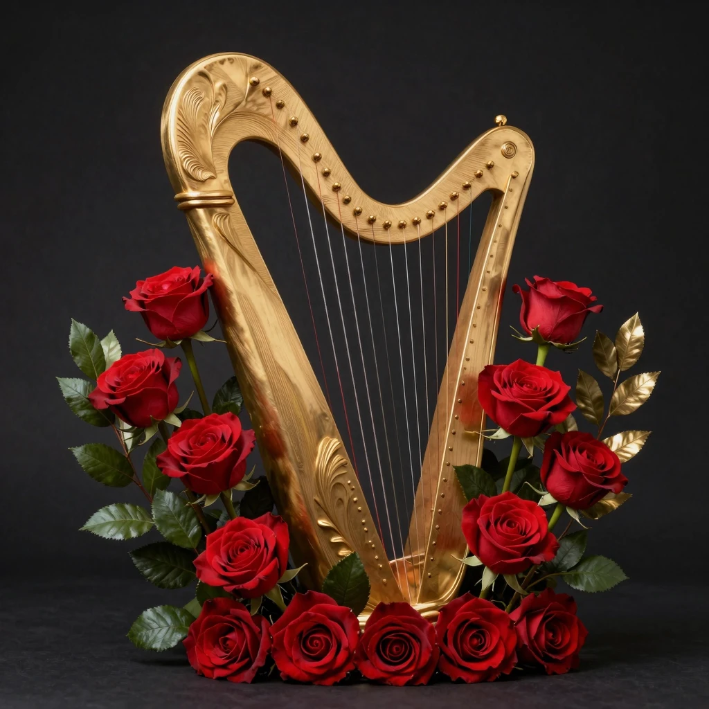 Red roses and laurel branches arranged around a golden lyre ...