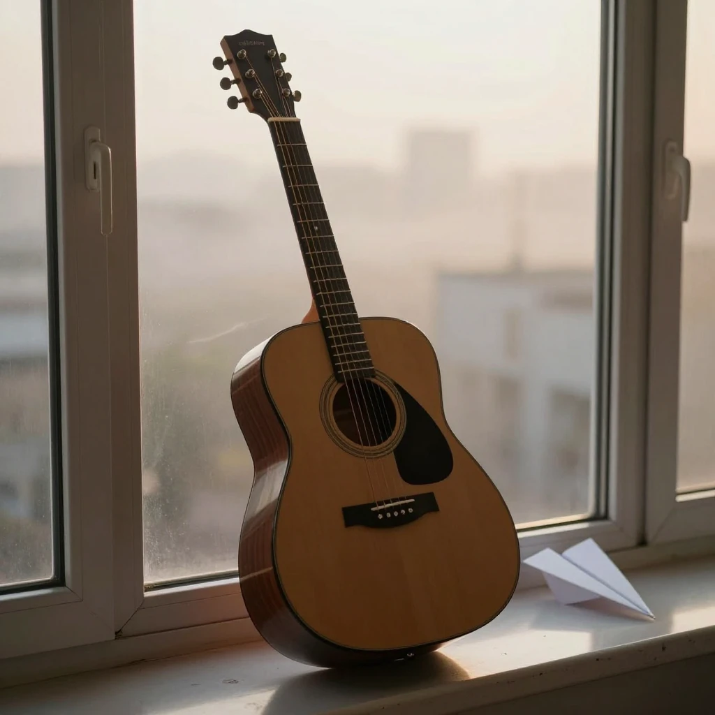 A stylized acoustic guitar leaning against a window with a v...