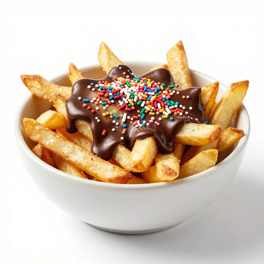 A bowl of hot french fries topped with melted chocolate and ...