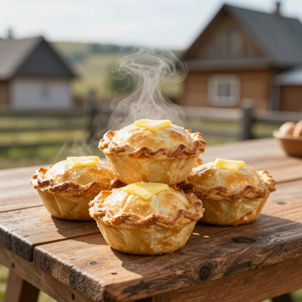 A stack of golden, butter-glazed Ossetian pies on a rustic w...