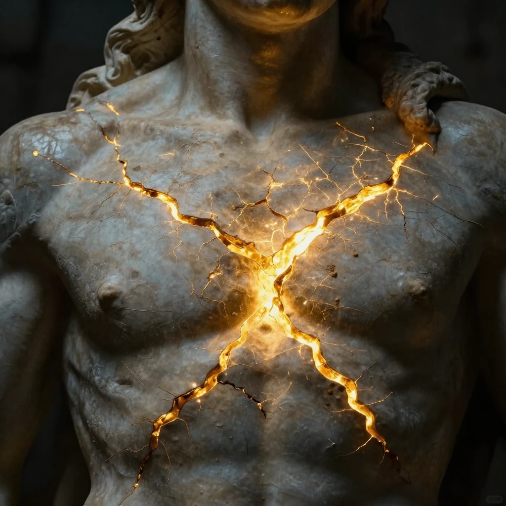 A close-up of a stone statue's chest with glowing golden cra...