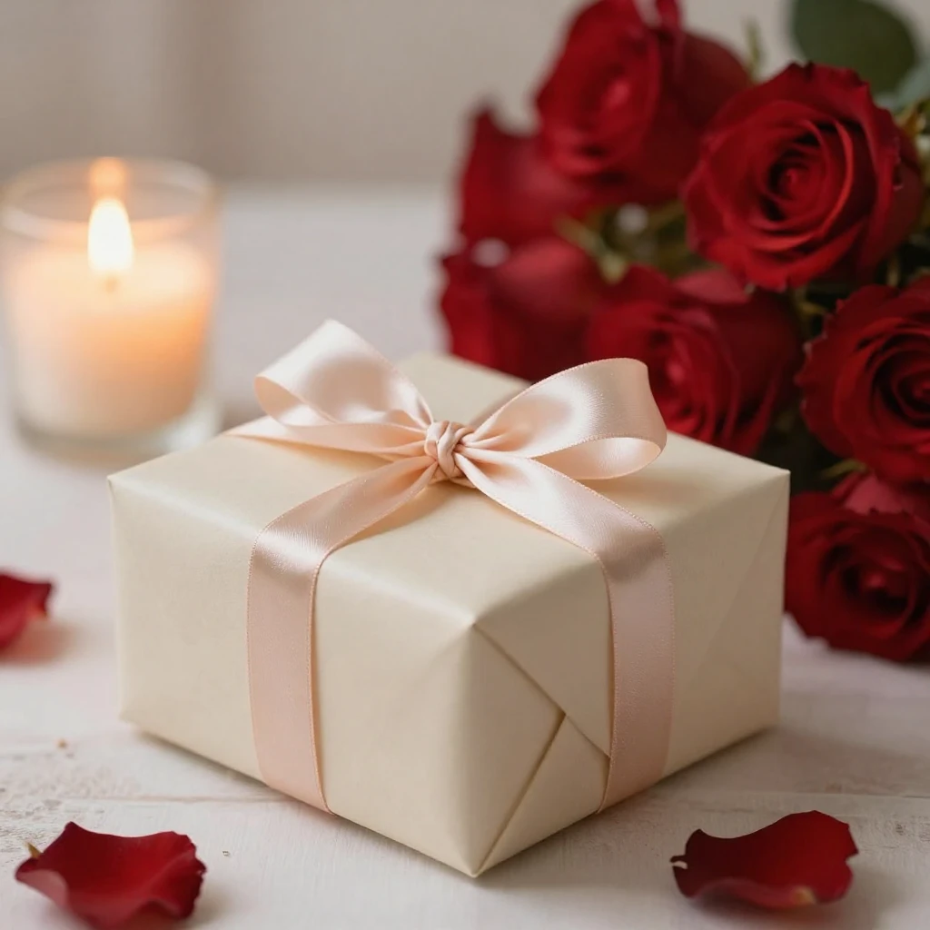 An artistic rendering of an elegant gift box wrapped in a de...