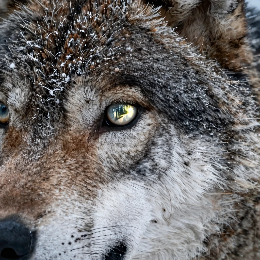 A powerful close-up of a wolf's eye, reflecting a dark fores...