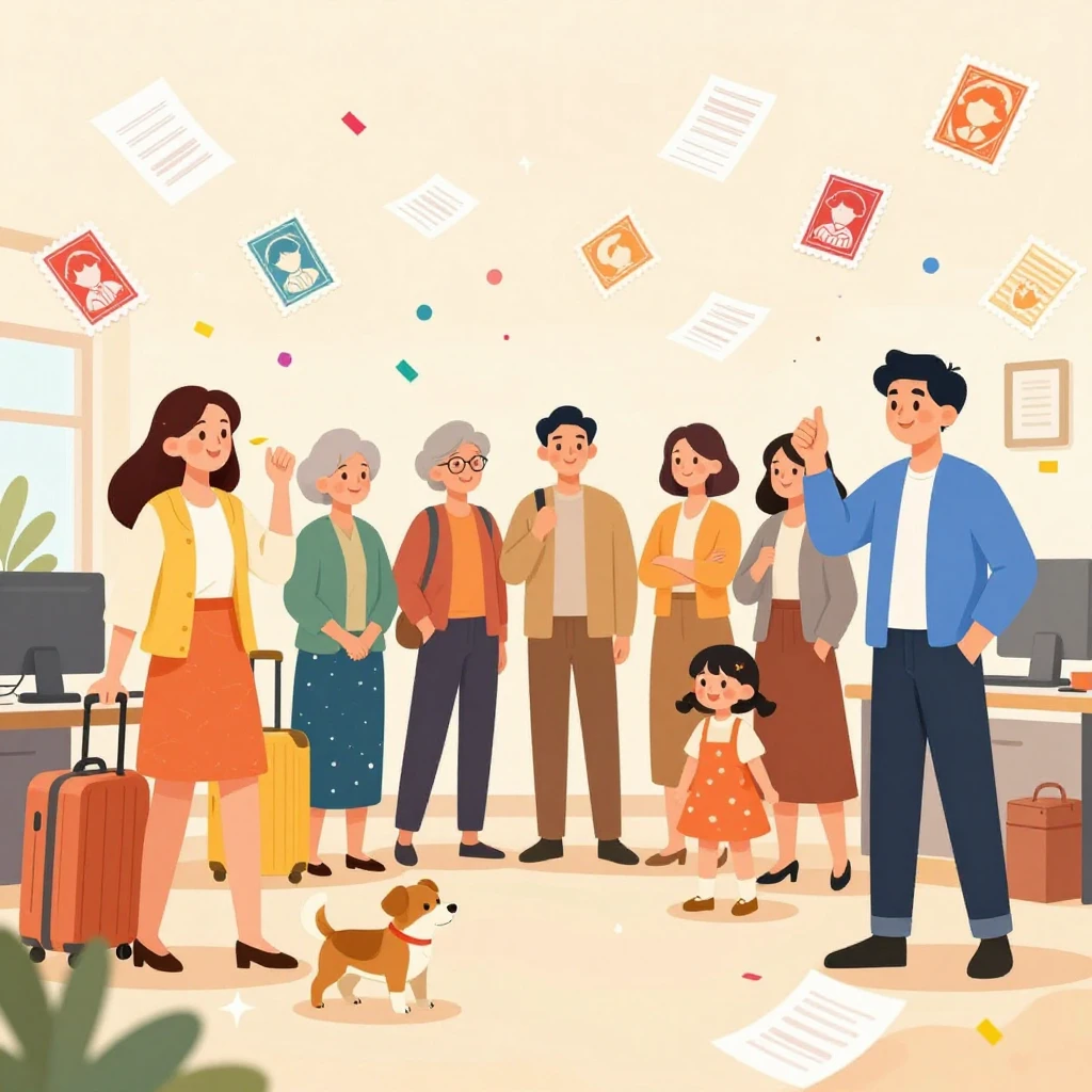 A playful digital illustration of an office party with stamp...
