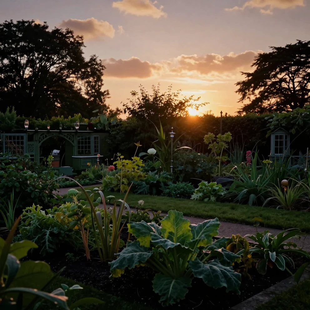 An ornate 19th-century kitchen garden at sunset, silhouettes...