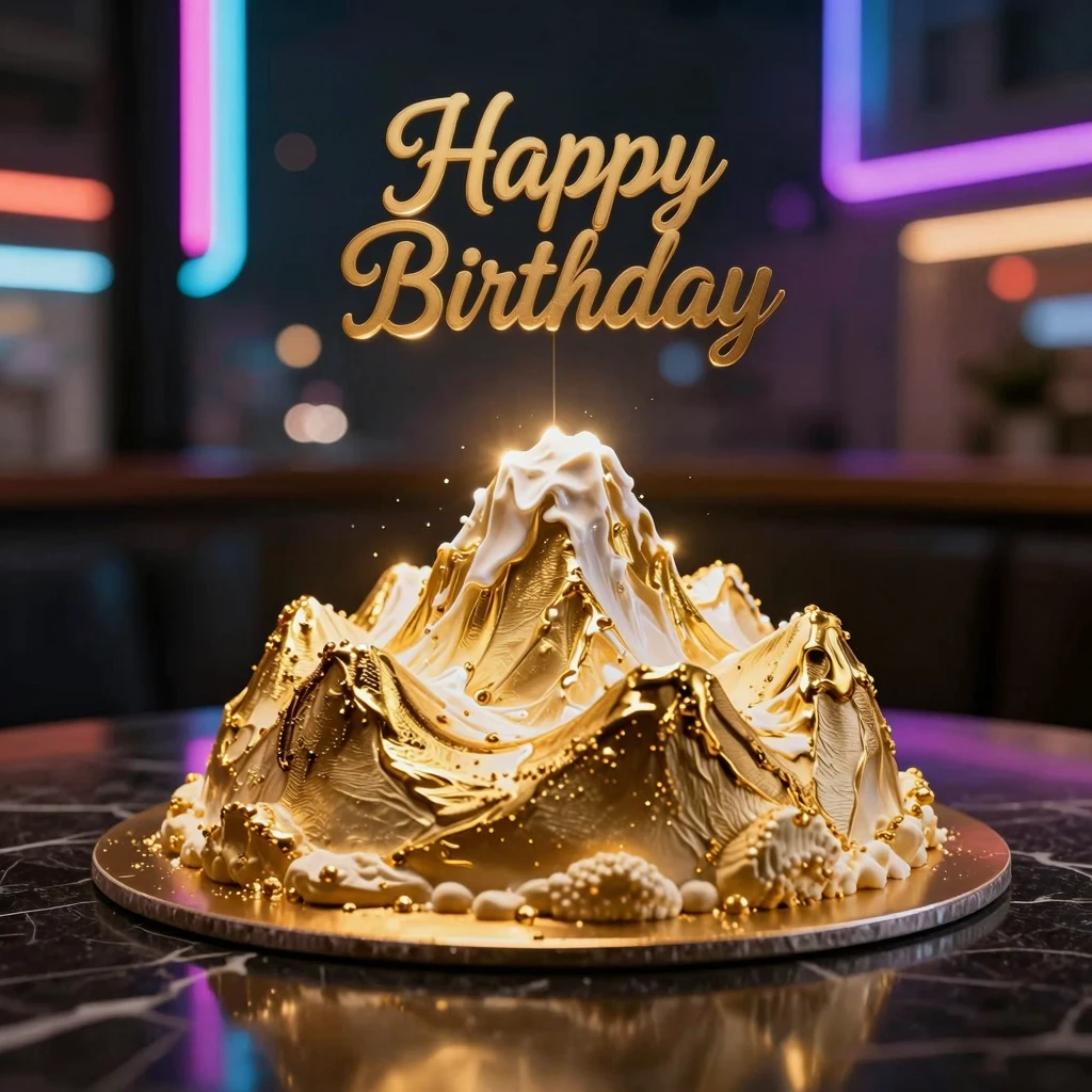 A luxurious golden birthday cake shaped like a mountain peak...
