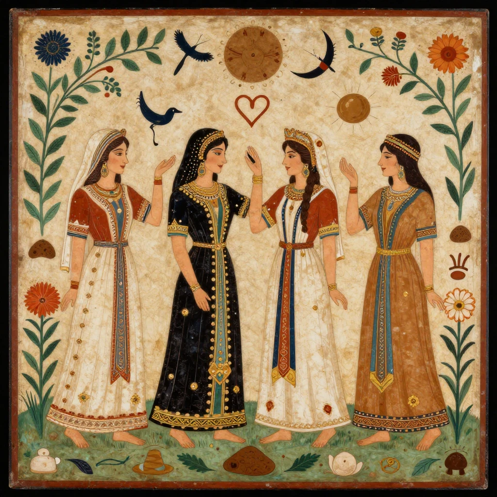 A depiction of ancient Persian women celebrating, surrounded...