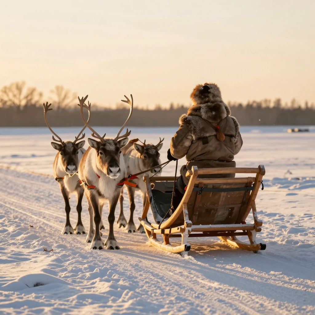 Golden hour lighting over snow-covered ground, reindeer pull...