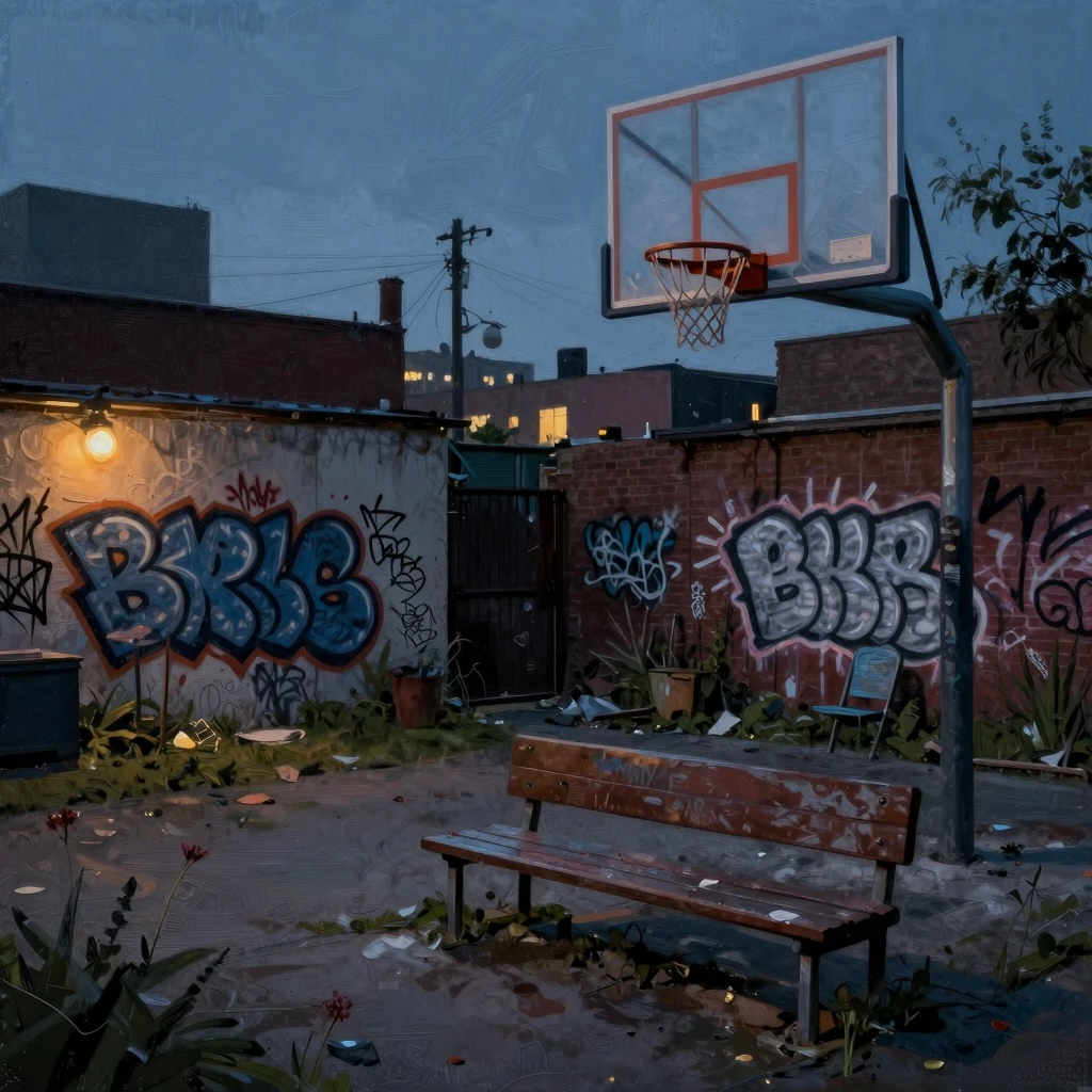 A gritty urban backyard at dusk, graffiti on walls, a basket...