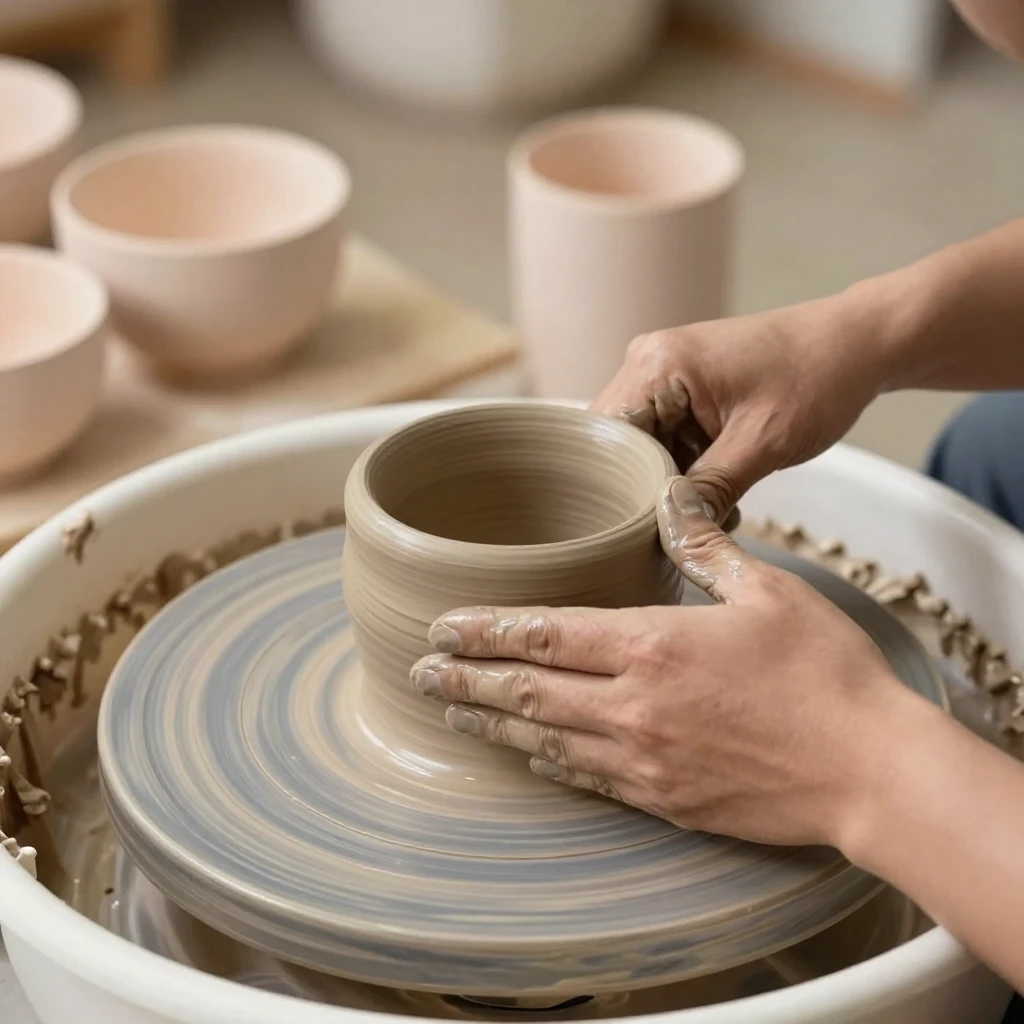 Close-up of skilled hands shaping a clay pot on a spinning p...