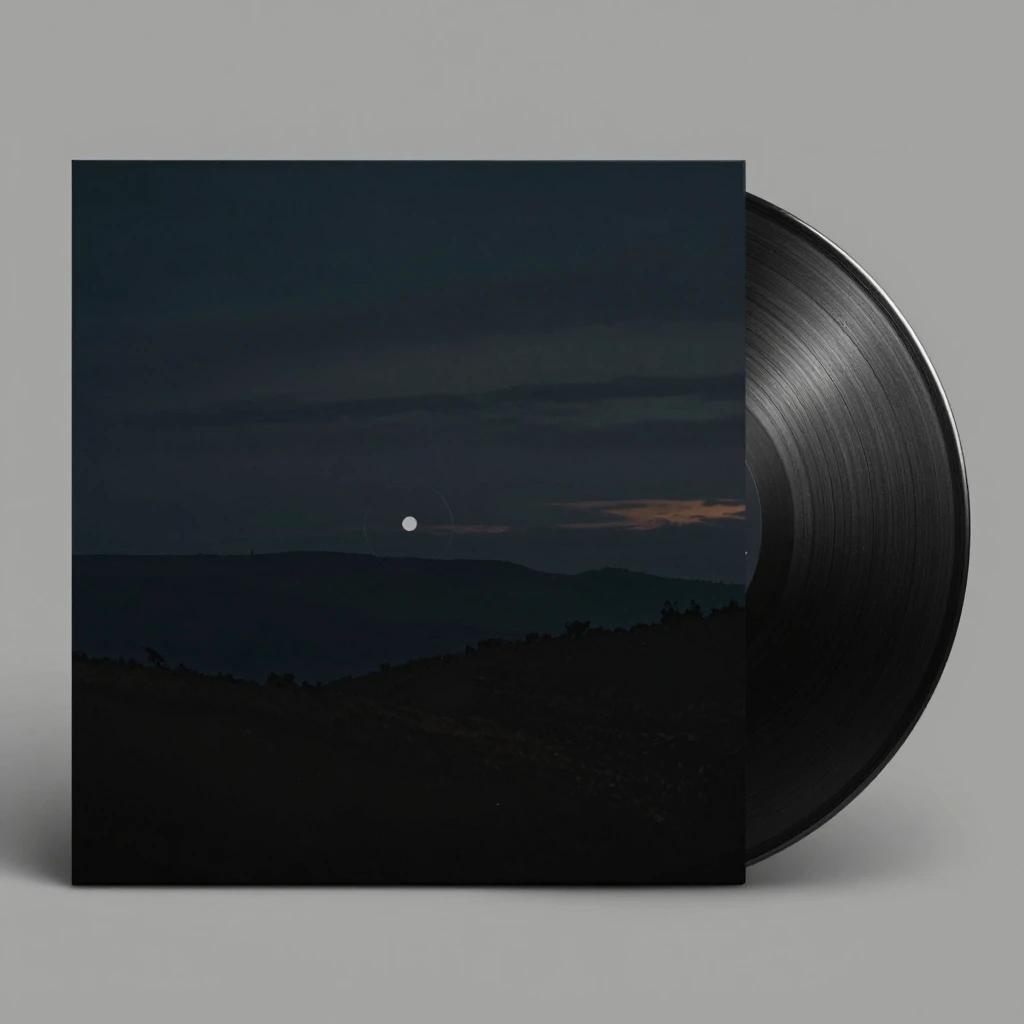 Professional presentation mockup of vinyl record, dark moody...