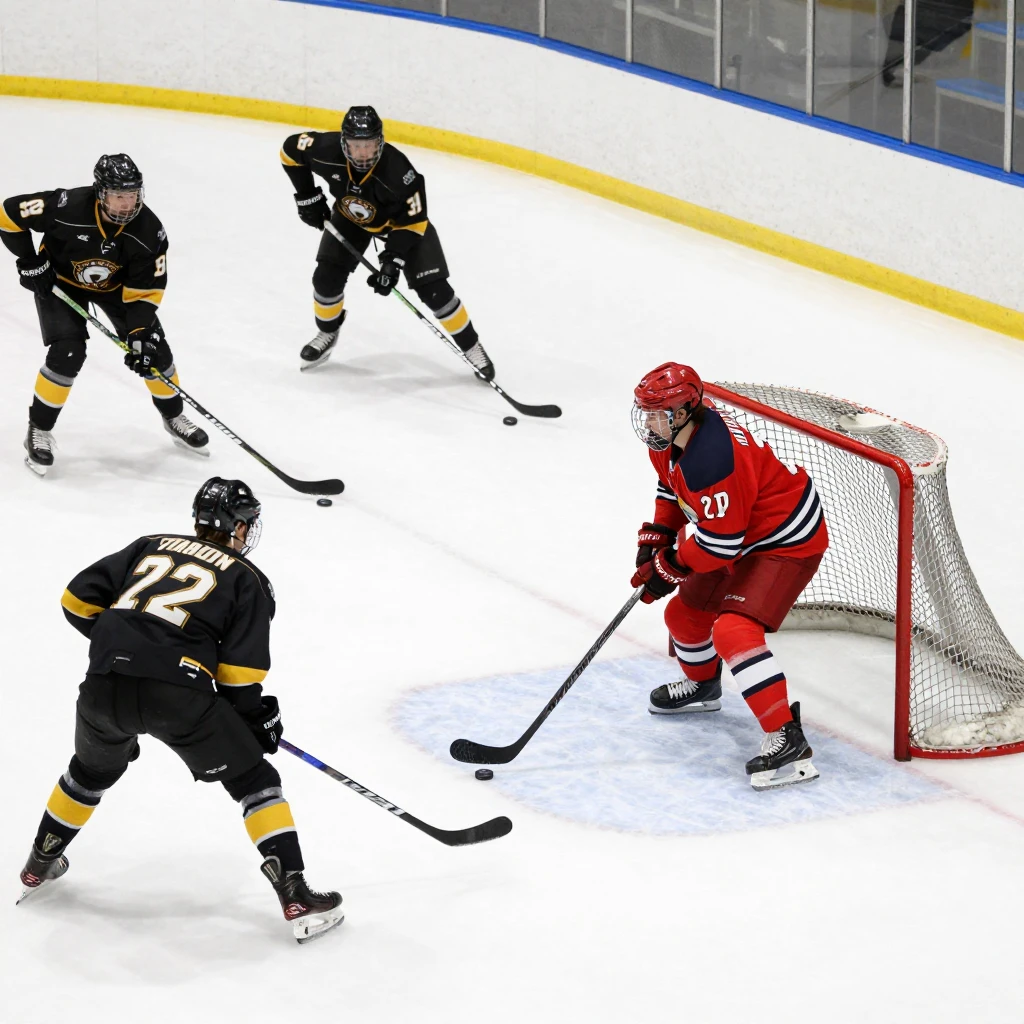 Hockey game moment with players in motion, puck flying towar...