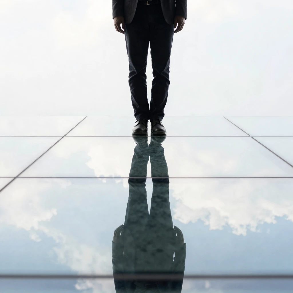 A glass floor reflecting the sky, with a figure standing on ...