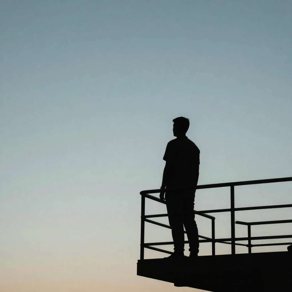 A dark silhouette of a man, vigilant and standing on a high ...