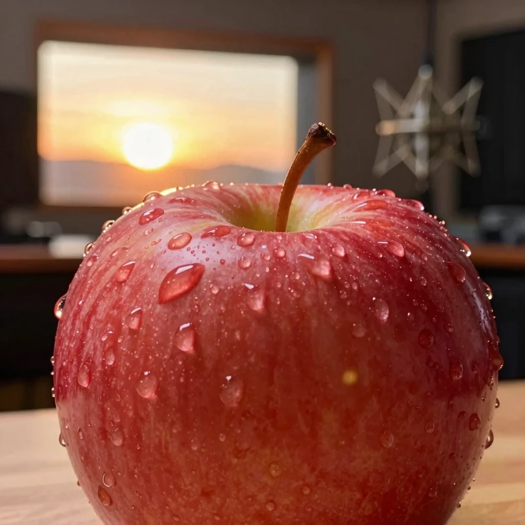 A cinematic close-up of a red ripe apple with water droplets...