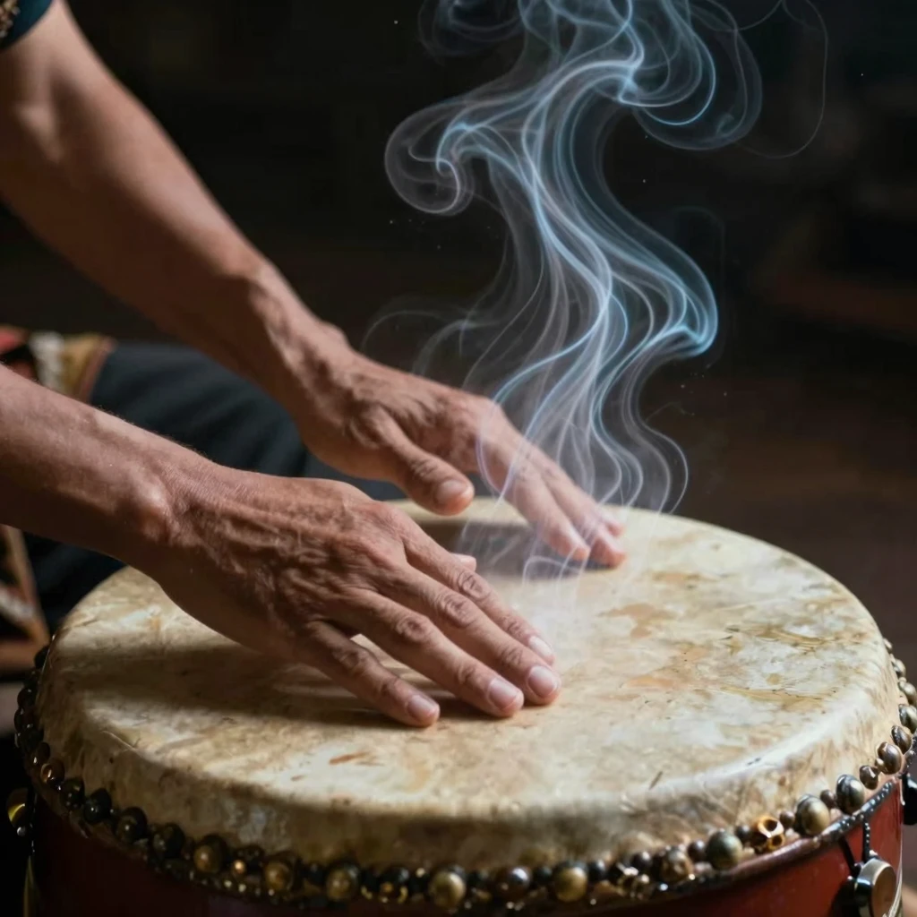 Close-up of a shaman's hands hitting a large ritual drum, my...