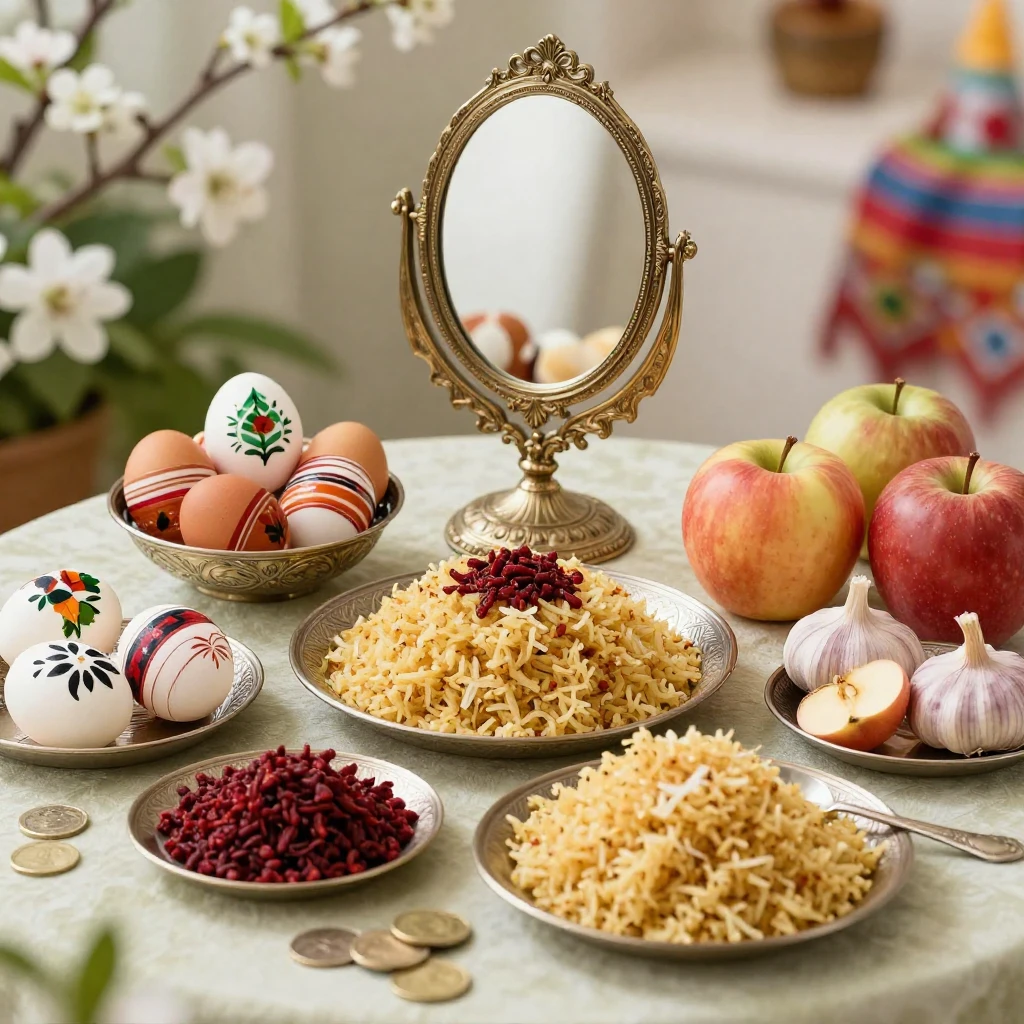 A vibrant artistic depiction of a Haft-Seen table, showcasin...