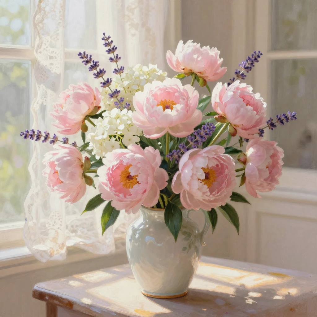 A magnificent, overflowing bouquet of soft pink peonies, whi...