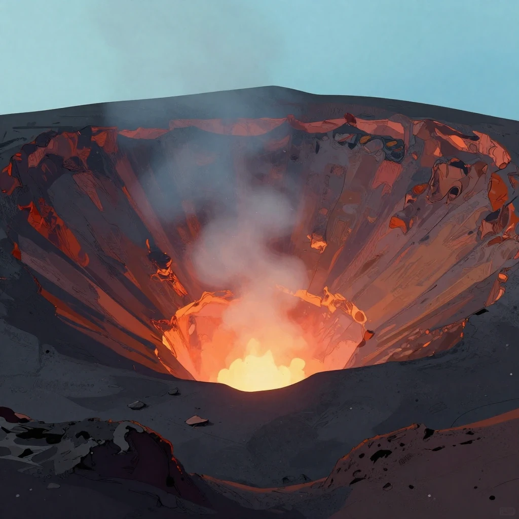 A dramatic volcanic crater with a subtle fiery glow emanatin...