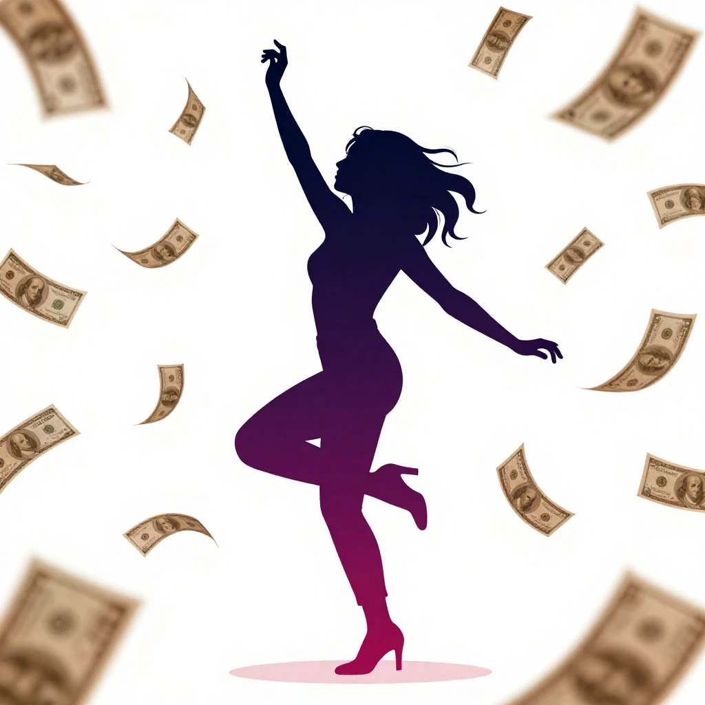 A silhouette of a playful, carefree woman dancing joyfully, ...