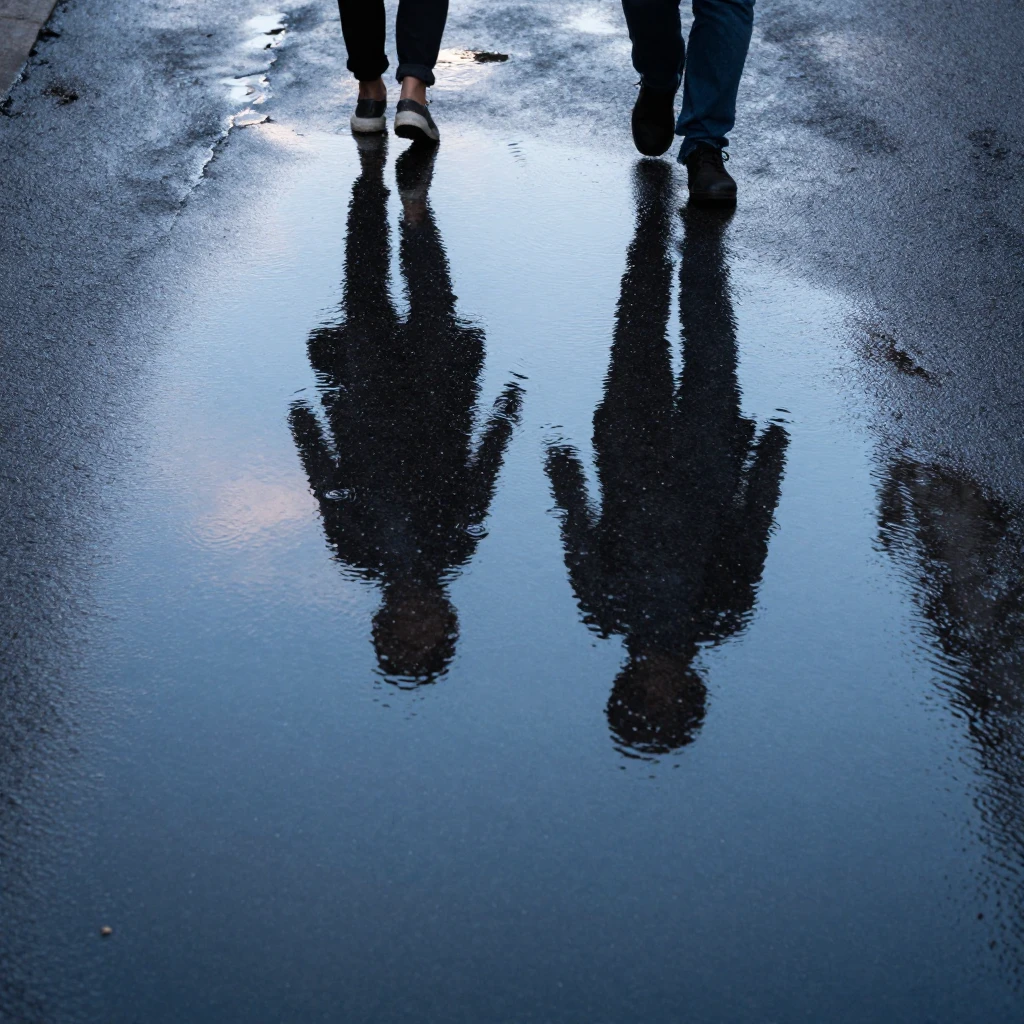 Close-up of a puddle on dark wet asphalt, man and woman silh...