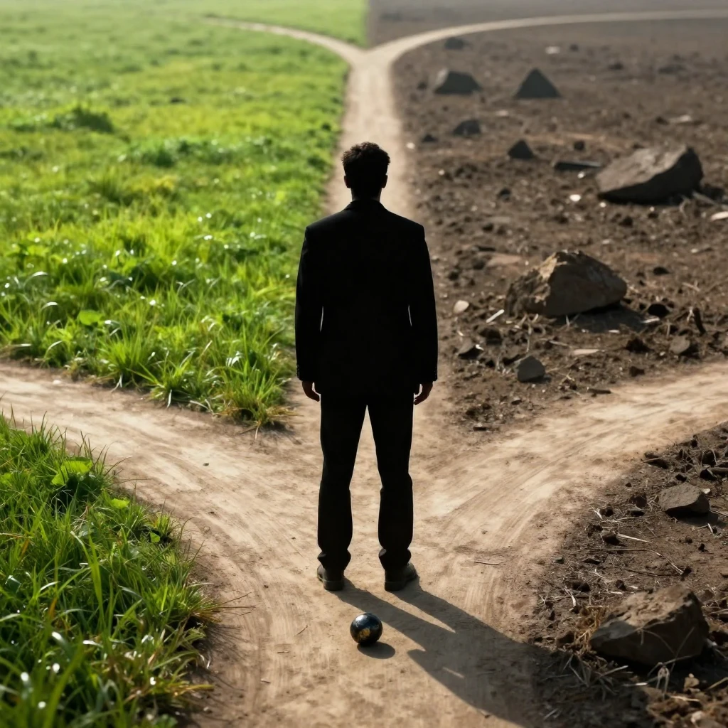 A symbolic image representing choice and sacrifice. A silhou...