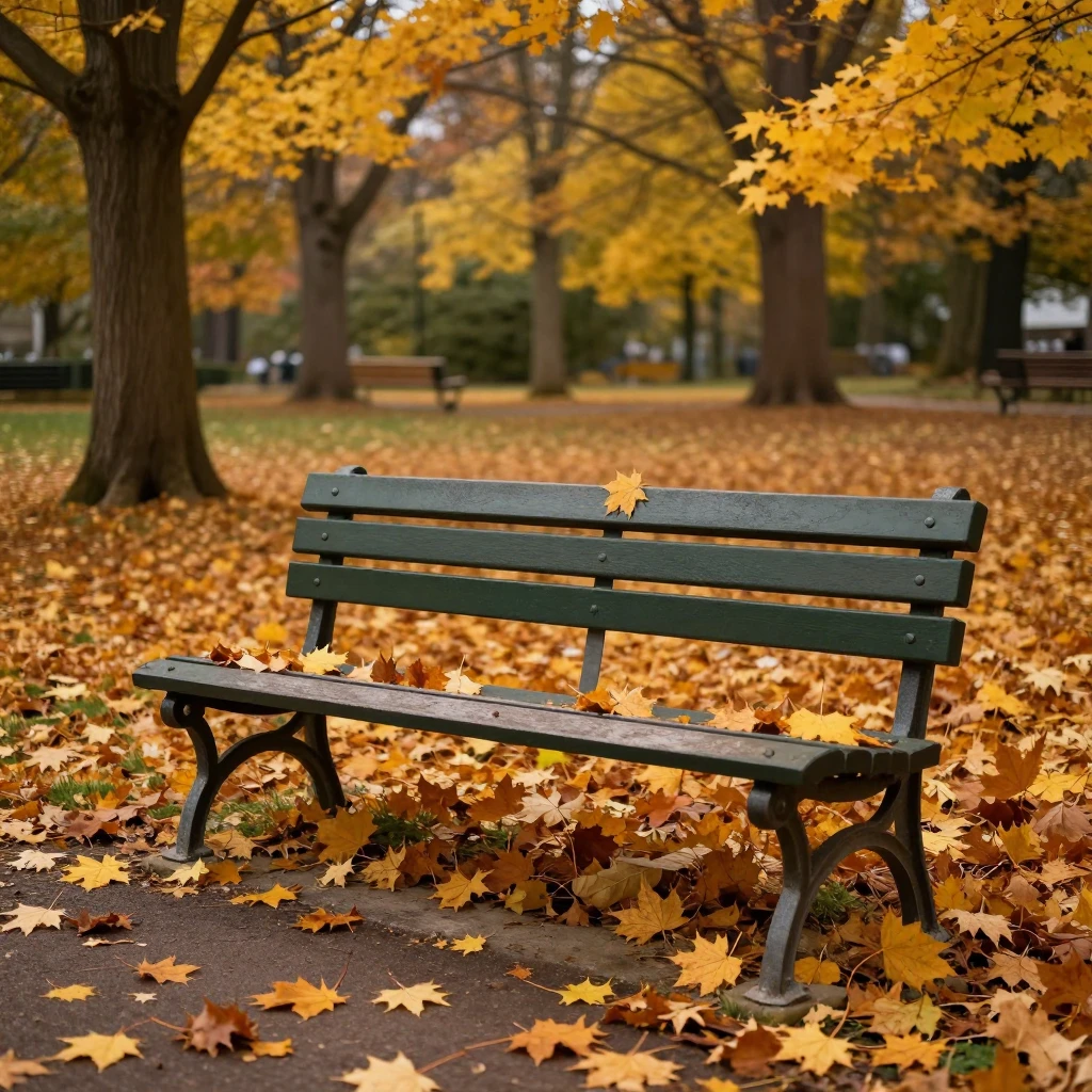 Empty vintage park bench covered with fallen maple leaves in...