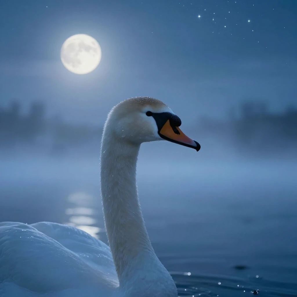 Winter landscape with cold blue mist and soft moonlight, clo...