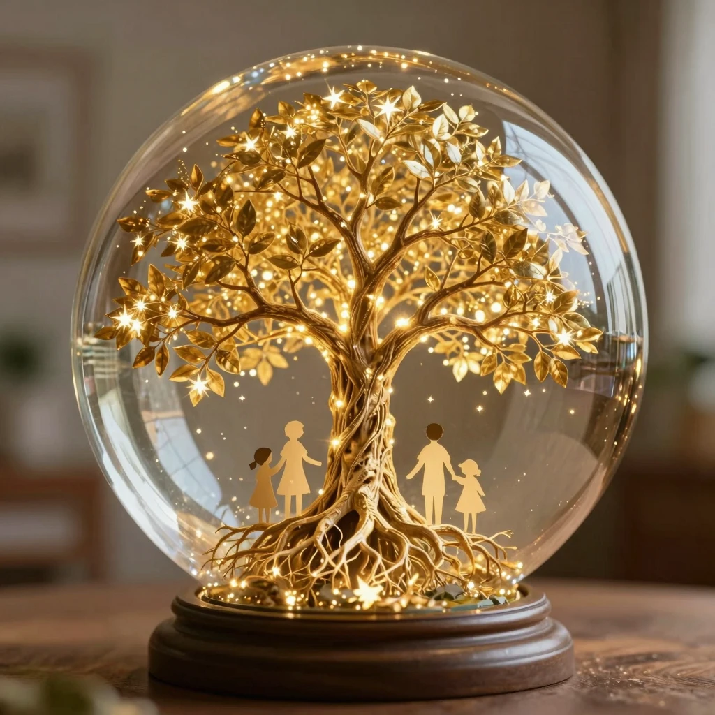 An artistic image of a large, glowing family tree inside a c...