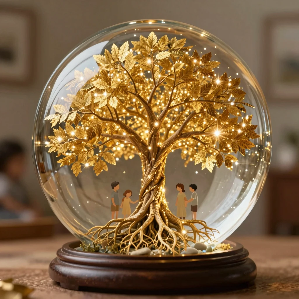An artistic image of a large, glowing family tree inside a c...