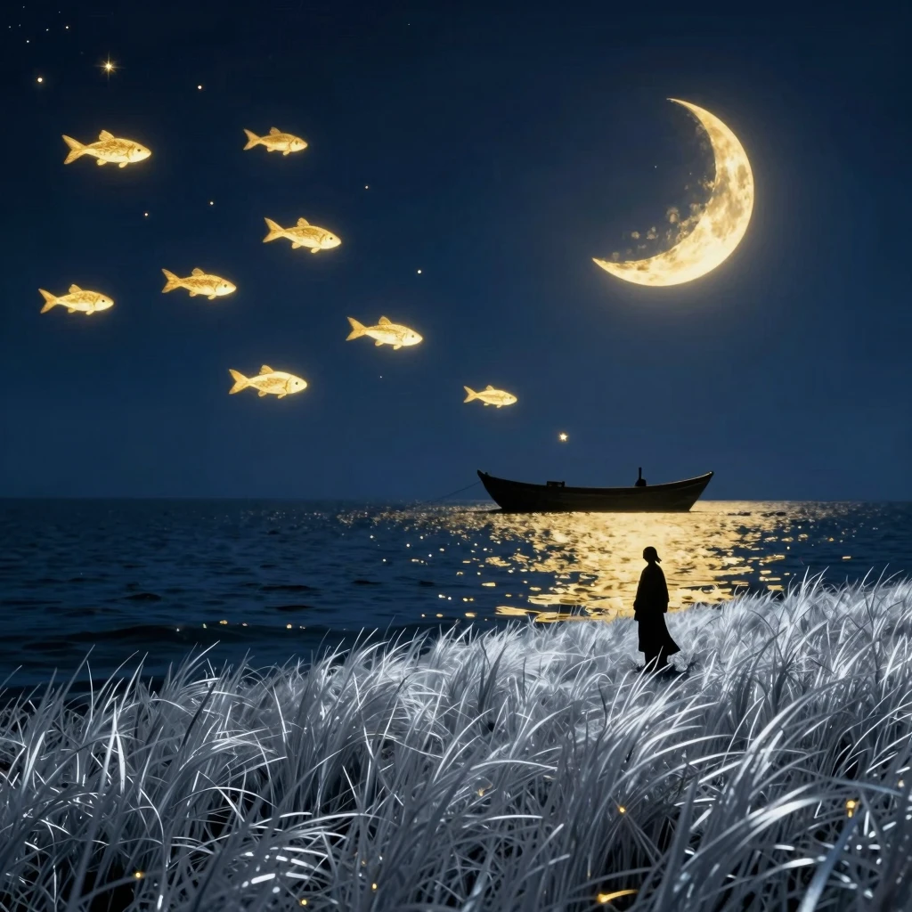 A golden ocean night sky with glowing fish-like stars, a boa...