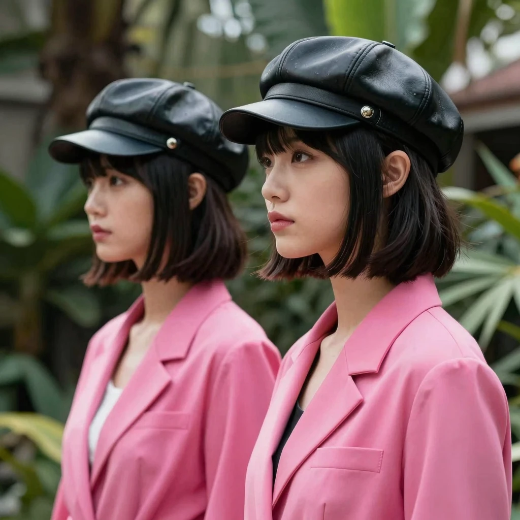 Fashion-focused side view of two women in bright pink jacket...