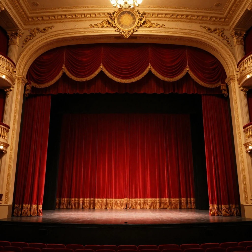 A grand 19th-century theater stage with rich red velvet curt...
