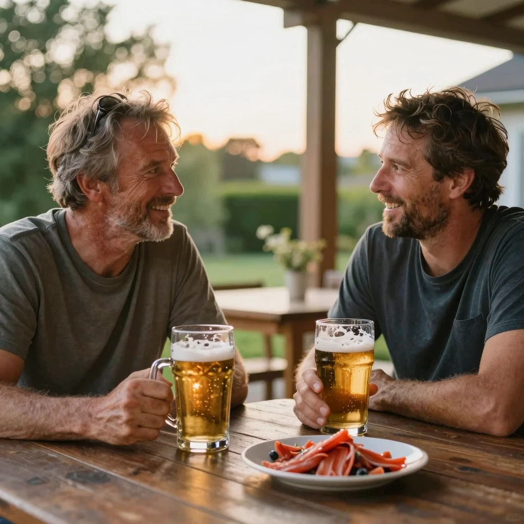 Two middle-aged men friends sitting at a wooden table on a s...