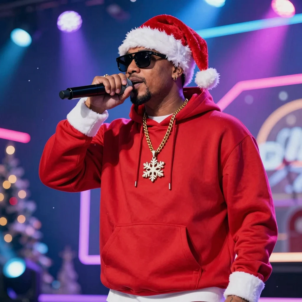 A cool Santa Claus wearing modern hip-hop clothes, a red sty...