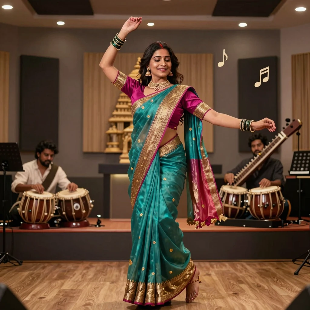 A beautiful Indian woman in a vibrant modern silk sari with ...