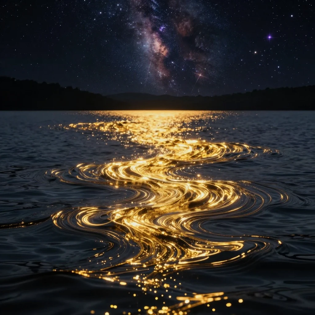 Golden energy waves rippling on a dark lake surface under a ...