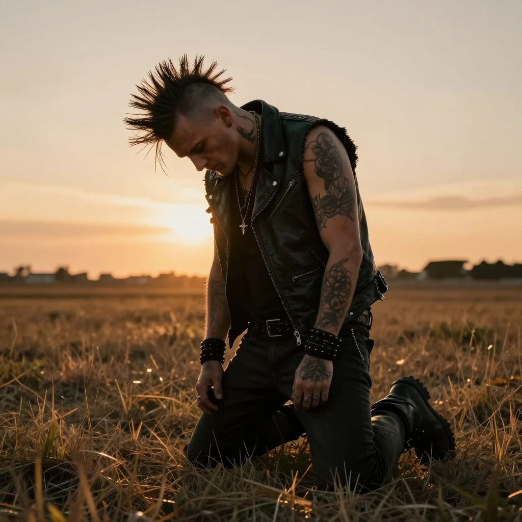 An exhausted punk metalhead with a mohawk and leather vest, ...