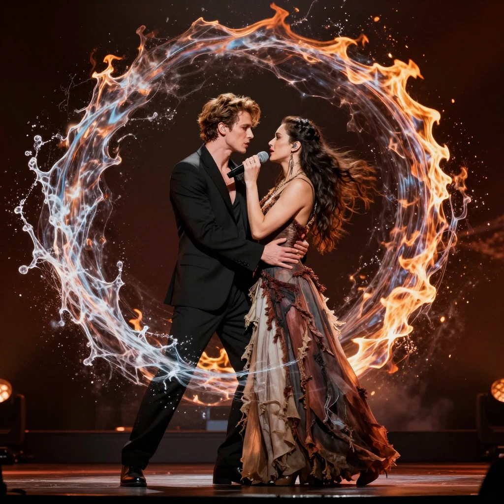 A dramatic stage with a male and female singer performing an...