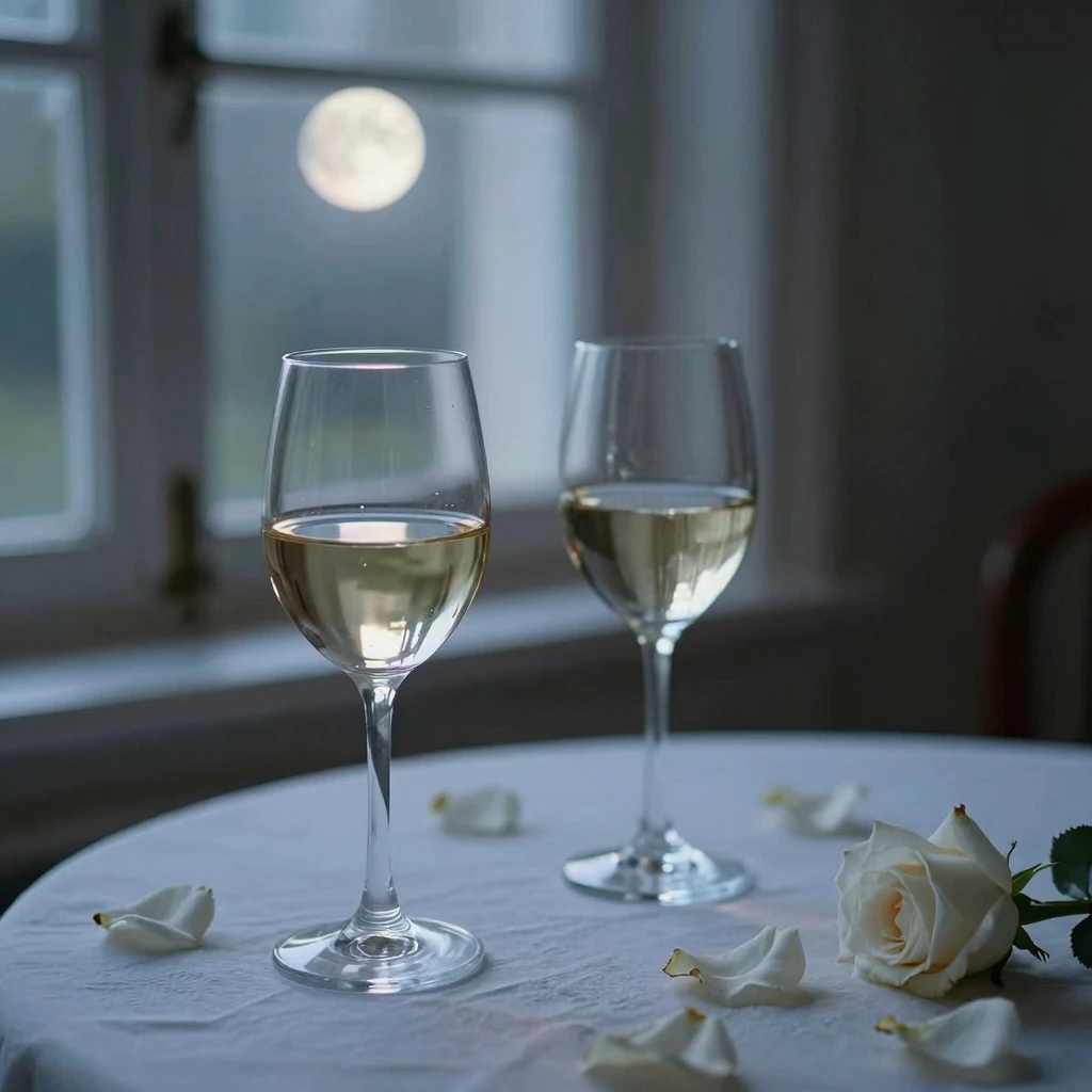 Two glasses of wine on a table near a window, moonlight, whi...