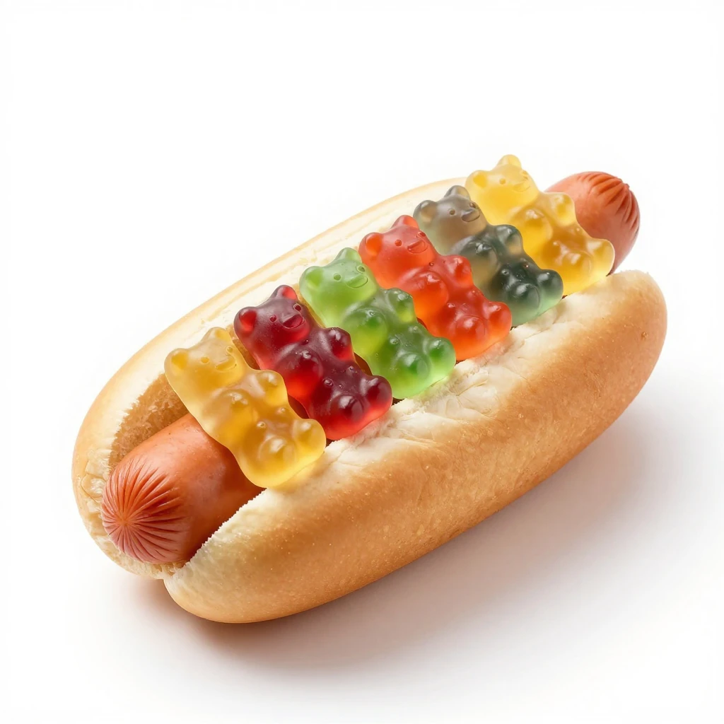 A hot dog in a bun topped with colorful gummy bears, isolate...