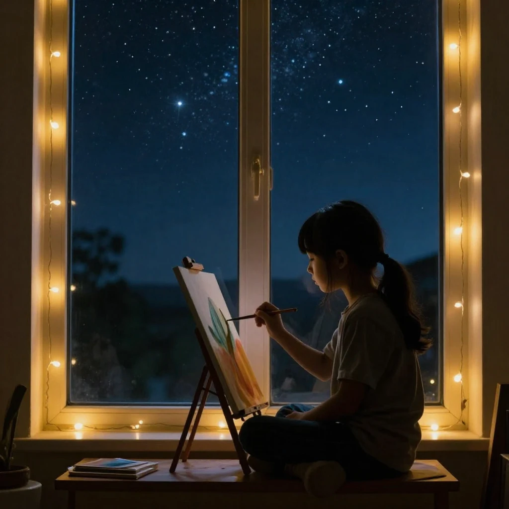 A silhouette of a young girl sitting by a large window, focu...