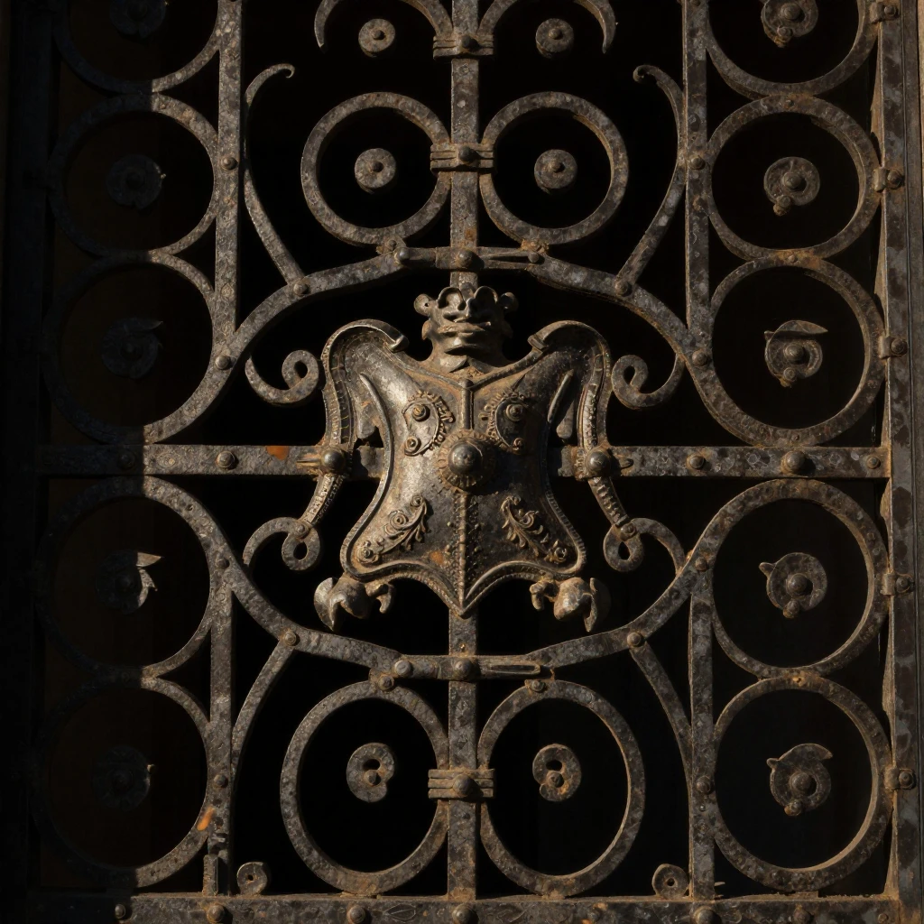 Close-up of intricate and ornate ironwork on an ancient gate...
