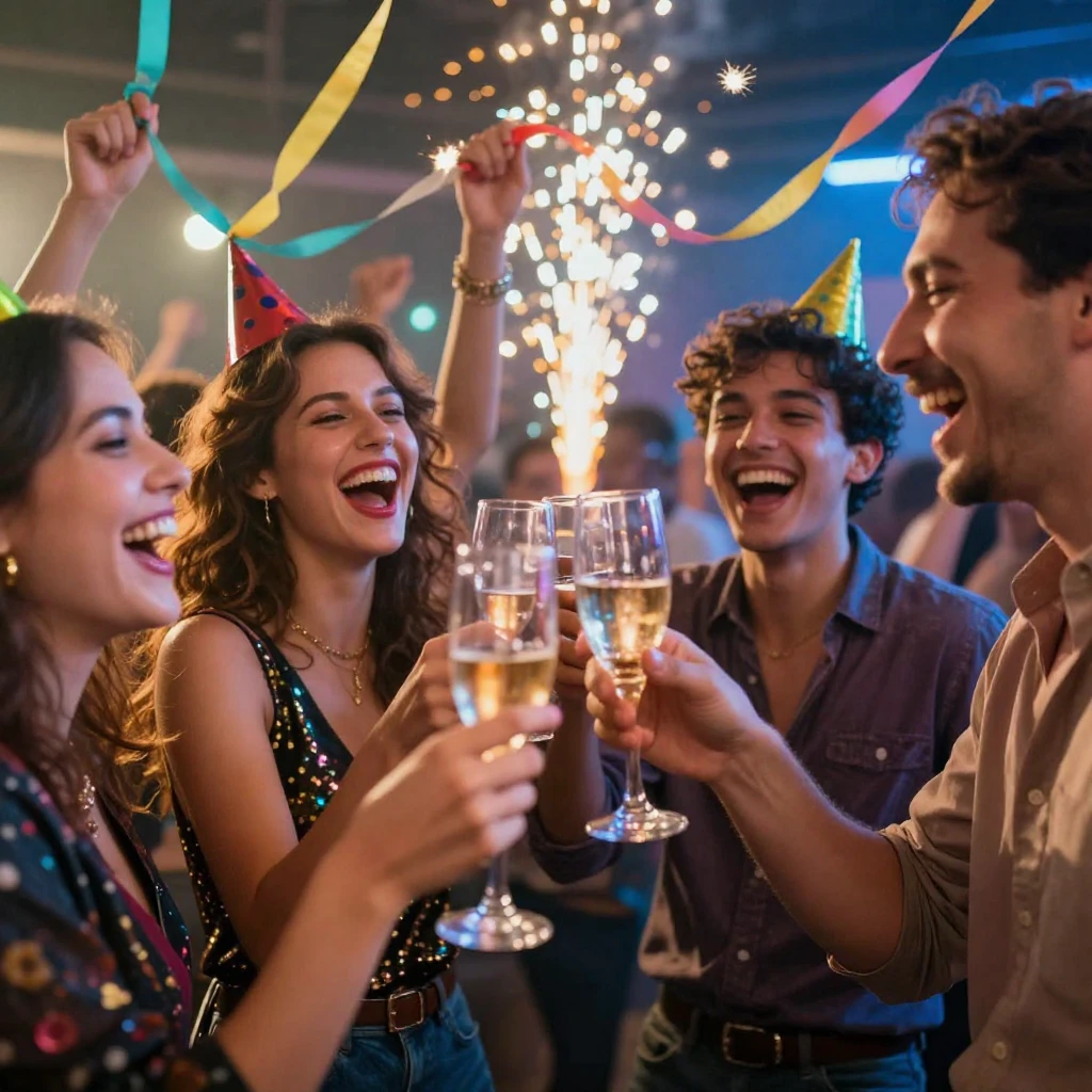 A dynamic and colorful scene depicting a celebration with pe...